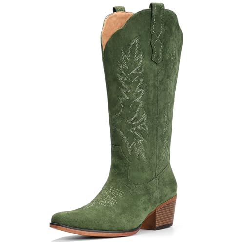 Image of IUV Suede Cowboy Boots for Women Mid Calf Western Cowgirl Boots | Retro Embroidered Snip Toe Chunky Heel Western Boot for Country Concert Music Festival Cowboy Chic