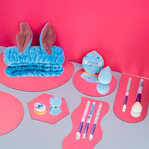 Image of Get Trend Disney Stitch Makeup Brush and Sponge Set for Girls, Teens with Headband Powder Puffs Soft Brushes and Beauty Sponges, Gifts for Girls (Blue Stitch)