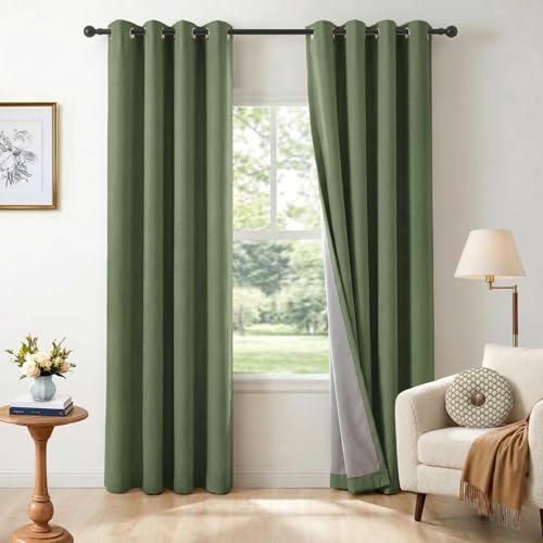 Image of 100% Blackout Shield Linen Textured Total Blackout Curtains for Bedroom 72 Inches Long, Olive Green Grommet Curtains for Living Room, Thermal Insulated Room Darkening Drapes, 50 inch W x 72 inch L, 2 Panels