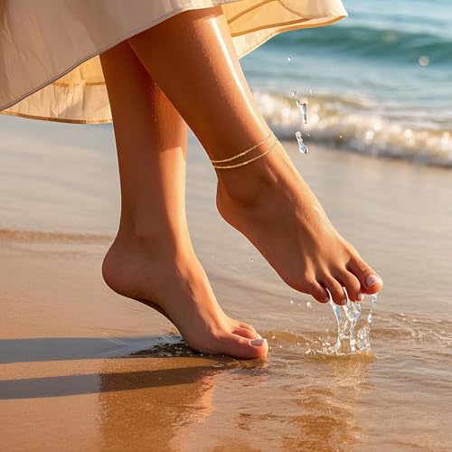 Image of DEARMAY Gold Ankle Bracelets for Women Waterproof, Non Tarnish 14K Gold Plated Beaded Link Chain Anklets, Layered Summer Beach Jewelry Gifts, Dainty Bikini Outfits for Vacation
