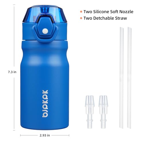 Image of BJPKPK 14 oz Insulated Water Bottle, Straw, Handle, Stainless Steel Flask | Leak Proof Locking Lid, Double Wall Vacuum, Keeps Hot /Cold, BPA Free, Dishwasher Safe, Travel & Sports, Blue