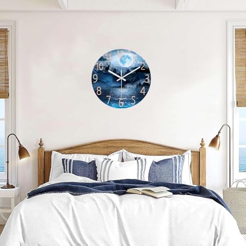 Image of XFM Blue Glass Wall Clock 12 Inch Round Silent Non-Ticking