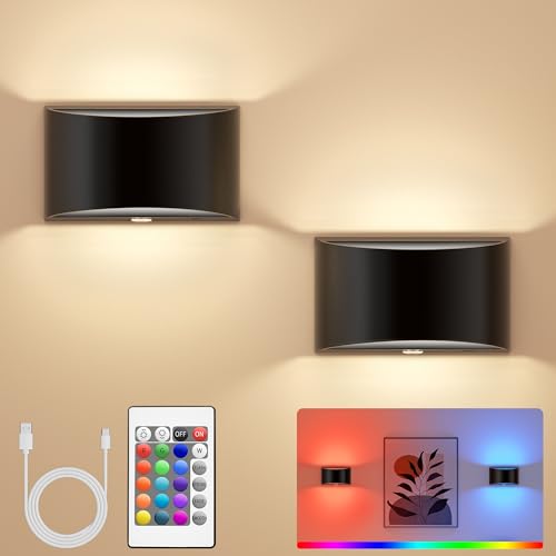 Image of Battery Operated Wall Sconce Set of Two with Remote 16 Colors RGB Dimmable Wall Light Rechargeable Wireless Magnetic Cordless Led Wall Lamp Indoor for Bedroom Bathroom Hallway Black