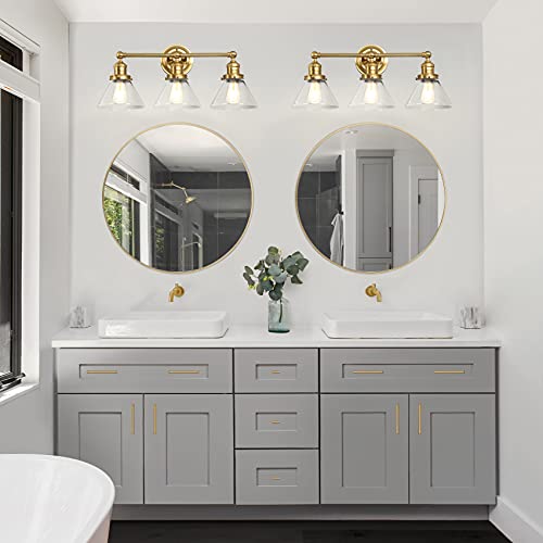 Image of Design House Augustin Vanity Light, 3-Light, Seeded Glass Warm Glow, Dimmable, Up /Down Glow, Easy Installation, E26 Socket, Satin Gold, 25.9 in L x 8.3 in D x 11.1 in H, 589036-SG