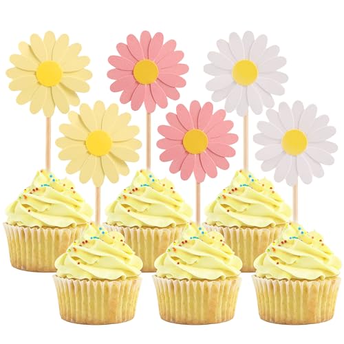 24Pcs Daisy Cupcake Toppers Flower Cake Topper Decorations Daisy Cake Decorations Chrysanthemum Cupcake Toppers Spring Daisy Flower Cake Picks for Birthday Wedding Supplies Multi