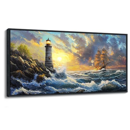 CHATYOUNG Sunrise Pictures Wall Art, Big Waves Sailboat Lighthouse Ocean