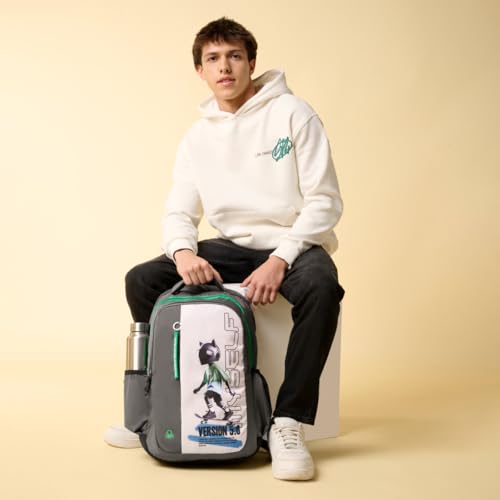 Image of United Colors of Benetton Unisex High-School Backpack METAVERSE - GREY | 3-Compartment Large Capacity Bag with Airmesh Padding | Backpack for School Girls & Boys | 33L Capacity