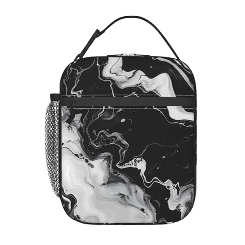 VODRM Black and White Marble Lunch Box for Kids, Abstract Swirl Insulated Bag for Student,Modern Aesthetic Reusable Thermal Insulation Cooler Tote...