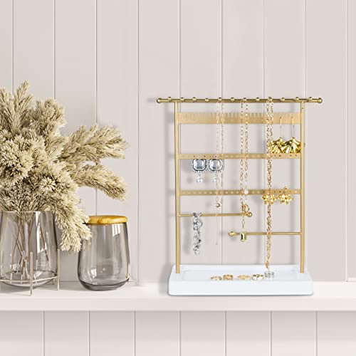 Sany Dayo Home 6-Tier Jewelry Organizer Necklace Holder Stand, Gold Jewelry Tower Rack With 12 Necklace Hooks, 29 Earring Notches, 59 Stud Holes, 2 Bracelet Rods, 1 Real Wood Tray #TOP5