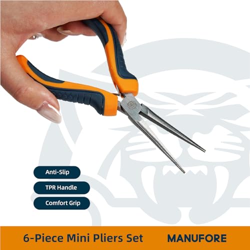 Image of MANUFORE 6-Piece Mini Pliers Set - Needle Nose, Long Nose, Diagonal, Flat Nose, End Cutting & Linesman Pliers for Precision DIY, Electronics Repair, Jewelry Making & Crafting
