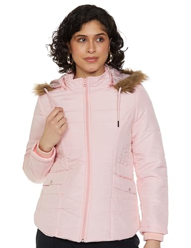 Image of Qube By Fort Collins Women's Medium-Length Bomber Jacket with Detachable Hood Stylish Winterwear for All-Day Comfort |Material: Nylon