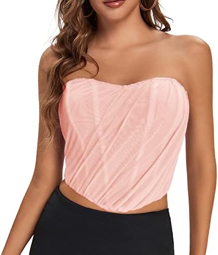 BBYDBY Women's Vintage Corset Top Strapless Open Back Boned Mesh Bustier Zip Back Bodyshaper Pink Medium