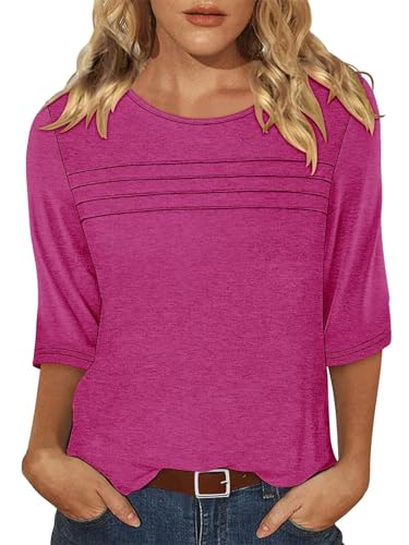 KISSMODA Women's Casual 3/4 Sleeve T-Shirts Round Neck Cute Tunic Tops Basic/Pleated Summer Tops Trendy Spring Blouses