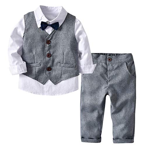 Happy Cherry Children Boy Gentleman Outfit Formal Long Sleeve Bowtie White Shirt Top with Pants Vest 4pcs Tuxedo Suit 2-3