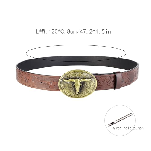Ayliss Women Men Western Belts Cowboy Cowgirl Country Belt Longhorn Bull Buckle Belt Floral Engraved PU Leather Waist Belt4