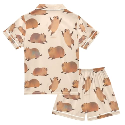 senya Cute Capybara Dancing A Satin Summer Pajama Sets Silk Short Sleeve Button Down Sleepwear2