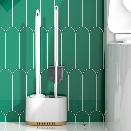 Image of Toilet Bowl Brush and Holder,3 in 1 Silicone Toilet Brush Toilet Cleaner Brush for Bathroom Cleaning White Bathroom Accessories Floor Standing or Wall Mounted Toilet Scrubber Brush