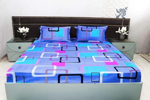 Image of Bedsheet Bed with 2 Pillow Covers 100% Cotton 144 TC |Chadar - Flat Sheet with 2 Pillow Covers - Blue Swift Double