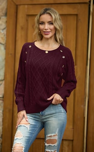 GRECERELLE Pullover Damen Elegant Strick Winter Klassische Langarm Rundhals Tops Strickpullover Damen Sweater Herbst (Weinrot, XL)