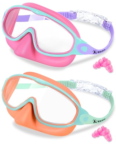 Keary 2 Pack Kids Swim Goggles with Nose Cover Swimming Goggles for Kids 4-7 6-14 8-12 Age 3-6 5-8 Toddler Boys Girl Youth Child Anti-UV Anti-Fog Pool Water Leakproof