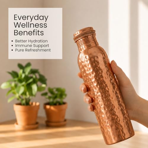 Image of Hammered Copper Water Bottle 950ml | 100% Pure Copper Tamba Jal | Handcrafted Ayurvedic Drinkware for Daily Hydration & Wellness | Leak-Proof Copper Bottle