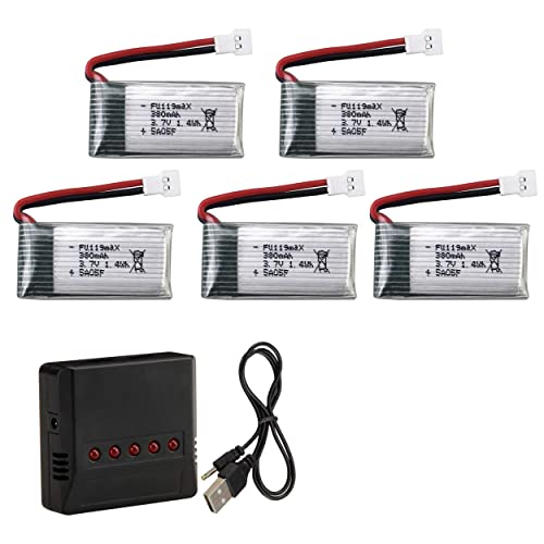 5PCS HS170 Drone Accessories 3.7V 380MAH Lithium Batteries with 5in1 Charger for Holystone HS170G HS170 HS170C HS230 F180C TOZO Q2020 X4 H107C H107L H107D H107P H108 Eachine E016H E016F Syma X11 X11c