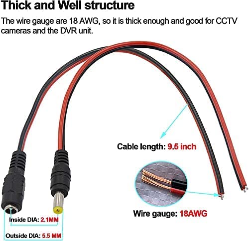 MAXXION 18AWG 10 Pairs DC Power Pigtail DC Cable Male & Female Plug Adapter Connector for CCTV Security Camera Extension Cord (2.1mm x 5.5mm), Red (WIRE DC CABLE MALE+FEMALE) 3