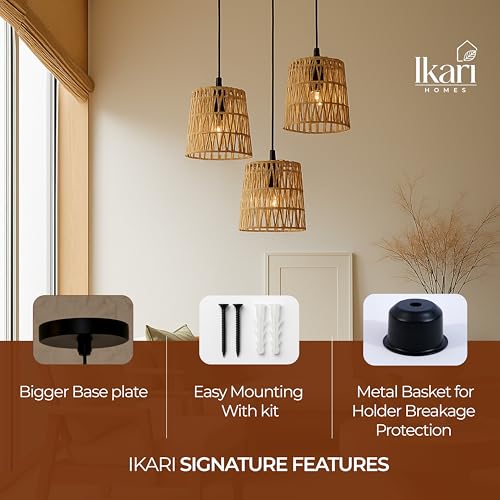 Image of Ikari Homes Rattan Chandelier 3 in1 Pendant Light, Natural Beige, Boho Style, E27 Base, Chandelier for living Room I Dining I Bedroom I Balcony I Adjustable Wire - (Bulbs not included) (Taper Zig Zag)