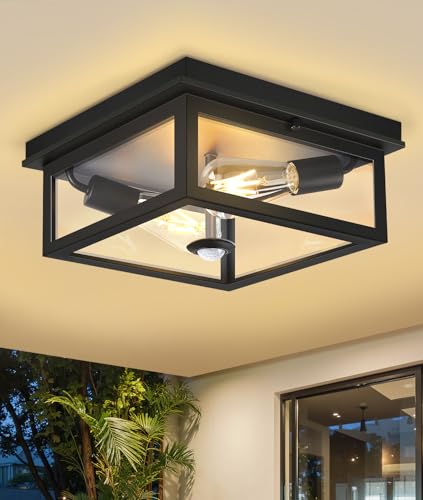 Motion Sensor Outdoor Ceiling Light with Remote, 12.2 Inch Black Flush Mount Porch Light Fixture...