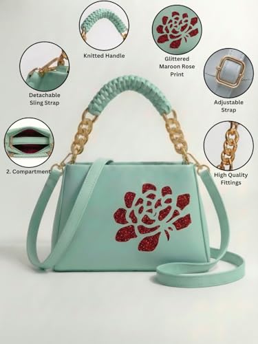 Image of LIKE STYLE Women's PU Sling Bag with Gold Glitter Floral Print | Dual Compartment Crossbody & Shoulder Bag with Braided Handle | Stylish Zip Closure Handbag for Office & Daily Use | Durable Material