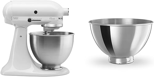 KitchenAid Classic Series K45SS - Batidora de pie con cabezal inclinable de 4.5 cuartos de galón, color blanco y cuenco de acero inoxidable de 3
