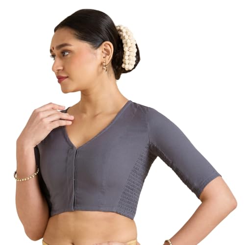 Image of Studio Shringaar Women's Thick Handloom Cotton Plain Side Stretch (Smocked) Readymade Saree Blouse