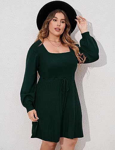 Image of Women's Plus Size Casual Sweater Dress Square Neck Long Lantern Sleeve Tie Waist Loose Pullover Sweater Dresses
