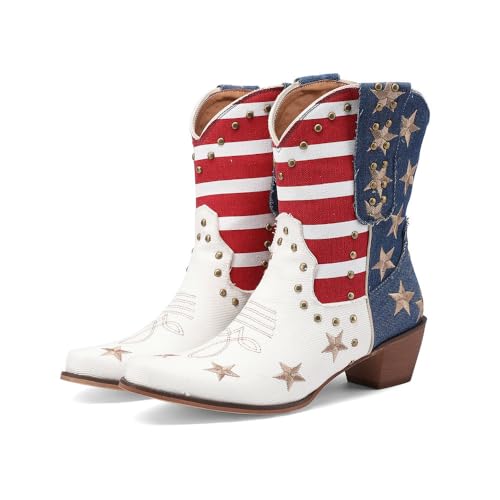 Embroidered Cowboy Western Jean Boots Women USA Flag Cowgirls Ankle Booties Comfy Dress Heeled Shoes Stars Stripes Studded Rivets Footwear for Cosplay Birthday Dance Mother’s Day4