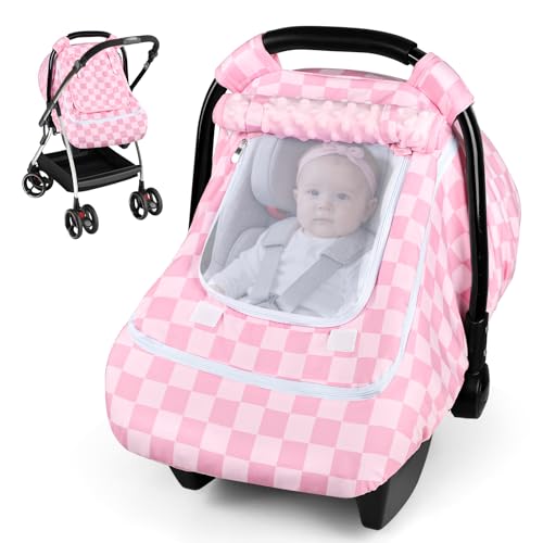 Image of Baby Car Seat Cover with Mesh Window, Windproof Carseat Cover for Infant Girls, Infant Carseat Canopy with with Dual Zipper, Compatible with Most Baby Car Seat, Pink Checkered