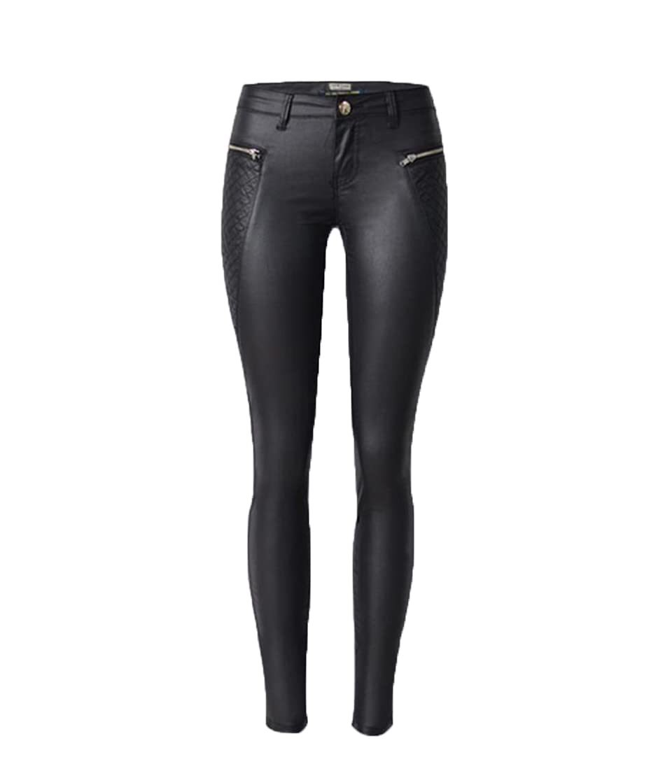 Dninmim Pantalon en cuir synthétique noir pour femme