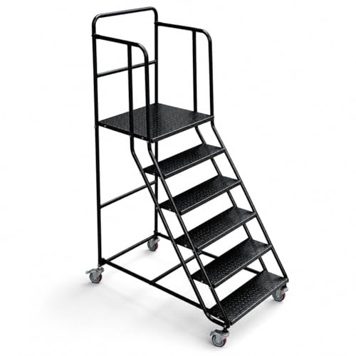 Image of 6 Step Rolling Ladder with Handrails, 880 lbs Capacity Heavy Duty Steel Mobile Warehouse Ladder with Locking Wheels, Non-Slip Rolling Stairs with Large Platform for Garage, Stockroom, Library