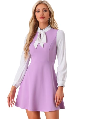 Image of Allegra K Tie Neck Dresses for Women's 1960s Vintage Long Sleeve Contrast Color Dress