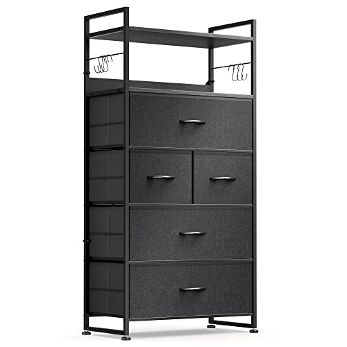 Yafiti Dresser For Bedroom With 5 Drawers, Tall Dressers Chests Of Fabric Drawers For Living Room, Small Space, Nursery, Cationic Drawers And Wood Top (Dark Grey) #TOP21