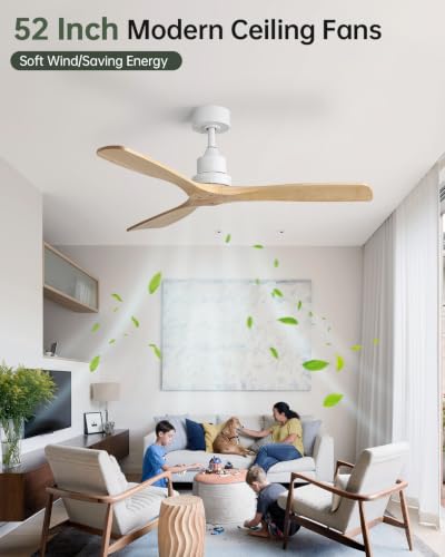 Image of Sofucor 52 Inch Wood Ceiling Fan No Light, Without Light, Remote Control