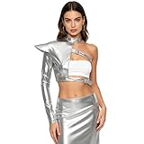 renvena Mujer Camisas Fiestas En Clubes Nocturnos Metálico Brillante Trajes De Rave Chaqueta Motociclista Punk Plata XXL