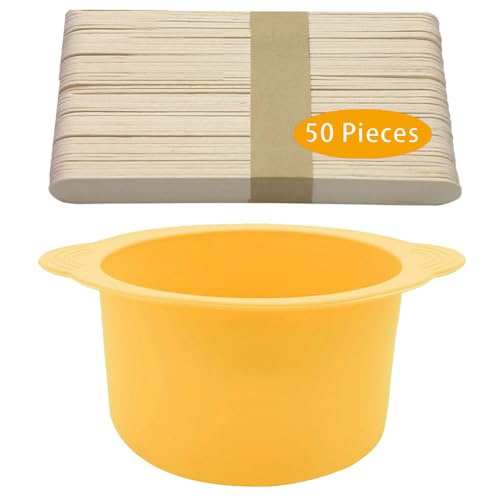 Image of Silicone Wax pot Liner, Silicone Wax Bowl Warmer liner, Non-Stick Melt Pot Replacement, Reusable Melt Liner with 50 Pcs Waxing Sticks Body Hair Removal 14 oz Yellow