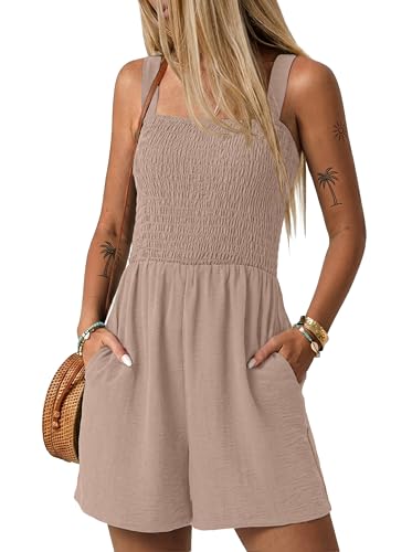 Image of Lepunuo Womens Rompers for Summer Casual Smocked Jumpers Overalls Square Neck Jumpsuits with Pockets Beach Vacation