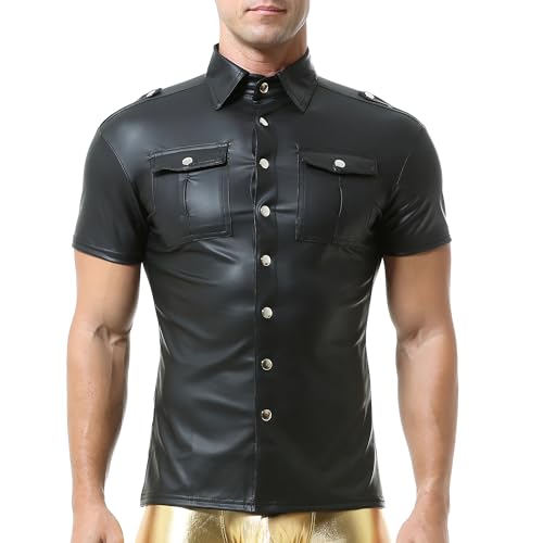 QiaTi Chemise en cuir synthétique pour homme avec 2 poches, col boutonné, manches courtes, pour le travail, les affaires et les loisirs, Noir , XL
