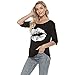 MAGICMK Women Casual Plus Size Lips Print Off Shoulder T-Shirt (2XL, Black +White)