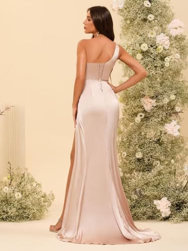 Women's One Shoulder Ruched Bridesmaid Dresses Long with Slit Satin Formal Prom Dress VS1173