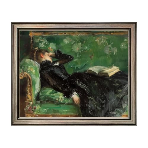 Framed Vintage Woman Reading Book Canvas Wall Art Moody Black and...