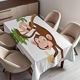 Ambesonne Cartoon Tablecloth, Funny Monkey Hanging from Tree and Holding Banana Jungle Animals Theme Print, Dining Room Kitchen Rectangular Table Cover, 52' X 70', Chocolate White