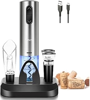 Flauno Electric Wine Opener with Charging Base, Cordless Automatic Corkscrew Set with Foil Cutter, Aerator Pourer, 2 Wine Vacuum Stopper, 7-in-1 Gift Set for Wine Lover