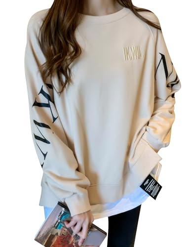 [Maeau] トレーナー レディース プリント ロングTシャツ 韓国服 重ね着風 ゆったり 着瘦せ レイヤード風 ネックリラックス カジュアル 普段着 婦人服 オフィス ベージュ 2XL